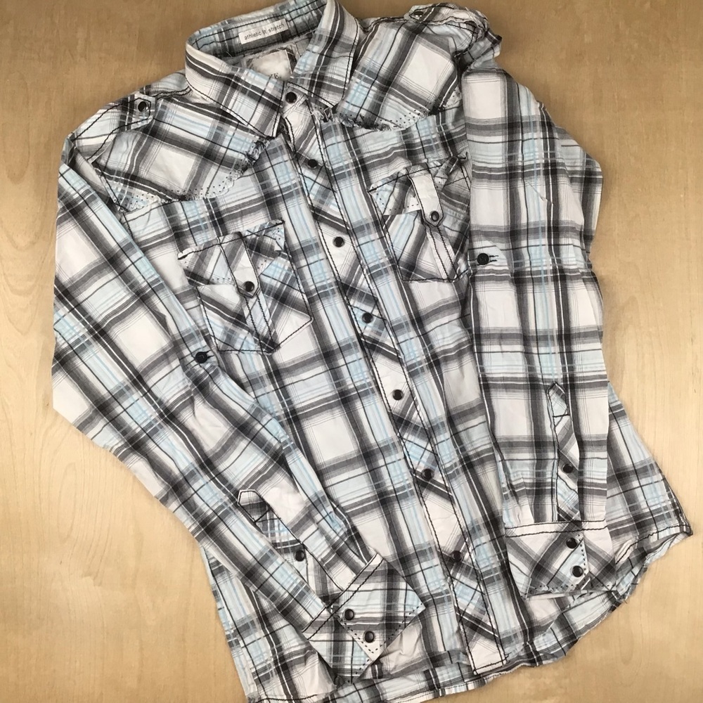 BKE Buckle Mens Medium Athletic Fit Western Plaid Button Up Pear Snap Shirt